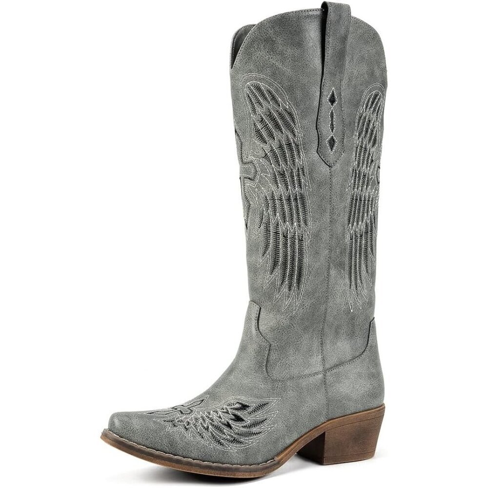 Women's Grey Gothic Cross & Angel Wing Embroidered Mid Calf High Boots